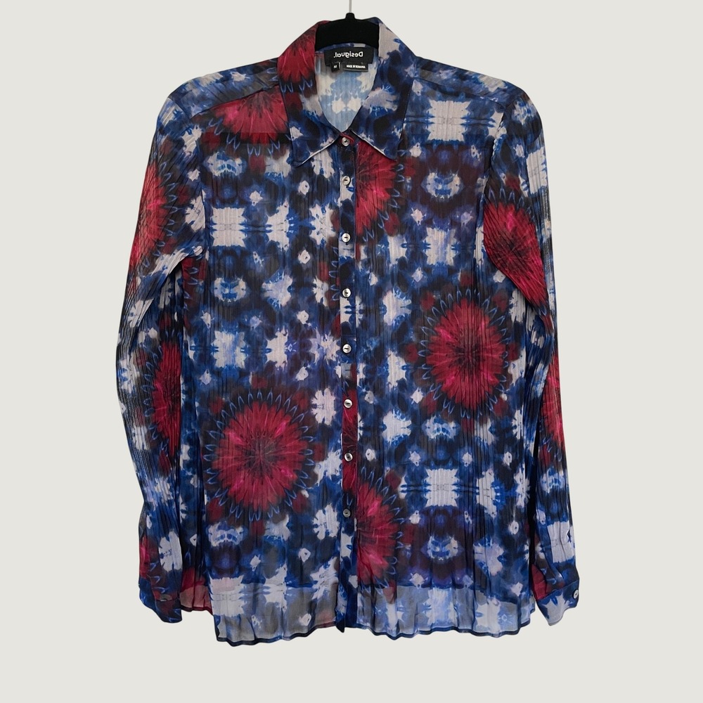 Desigual Button Down Shirt Blue Red Kaleidoscope Plisse Pleated Sheer Top Sz M